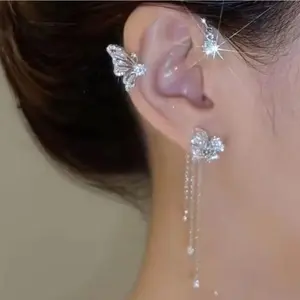 4PCS Tassel Earrings No Piercing Required,Butterfly Tassel Zirconia Earrings,Charming Fashion Shimmering Rhinestone Ear Bone Clip with Butterfly Flower,Butterfly Ear Cuffs