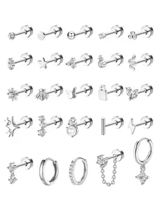25 Pcs Silvery Flat Back Stud Small Hoop Piercing Set for Women Men Hypoallergenic Surgical Steel Copper Gentle Safe for Sensitive Skin Designed for Tragus Helix Daith Conch Cartilage Piercings Sleek Polished Look Durable Construction Easy To Put On