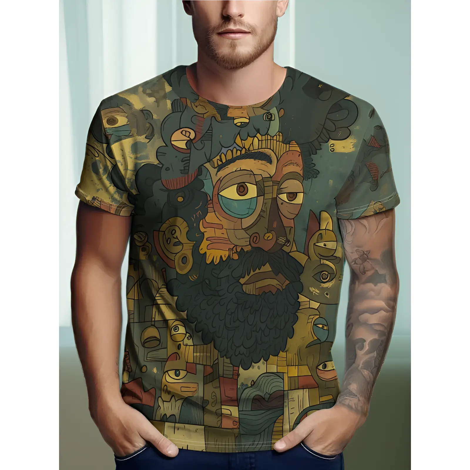 T-Shirt with Full Print Abstract Face And, Rich Colors, Unique Style And Artistic Feel