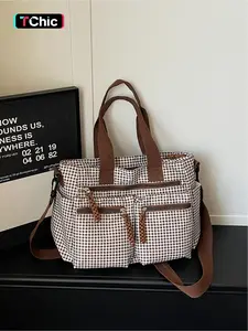 Large capacity plaid multi pocket tote bag, retro street style drawstring design, single shoulder bag, workwear style crossbody bag, adjustable shoulder strap, daily leisure, work, commuting, armpit bag