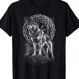 Viking Wolf & Celtic Knot Norse Mythology Men's T-Shirt - 100% Cotton Black Graphic Tee with Odin Rune & Wolf Head Design, Breathable Casual Shirt for Outdoor Adventures, Fitness, and Everyday Wear - Perfect for Spring, Summer & Fall