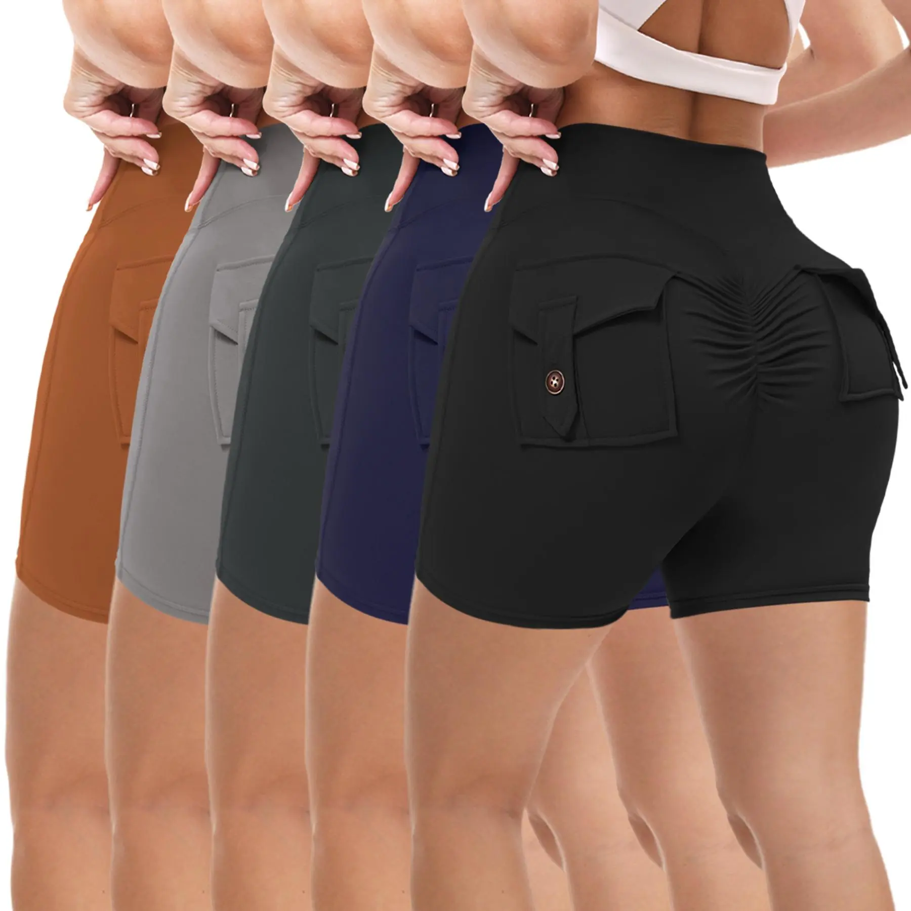 Women's High Rise Sports Shorts, Stretchy Ruched Butt-Lifting Cargo Style with Tummy Control for Yoga, Cycling & Training, Button, Ruched Back