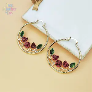 Vintage Rose Branch Hoop Earrings with Red and Green Enamel Accents Silver Tone Textured Hoop Design Romantic Floral Jewelry for Women Perfect for Daily Wear and Special Occasions Lightweight and Hypoallergenic Ideal Gift for Her