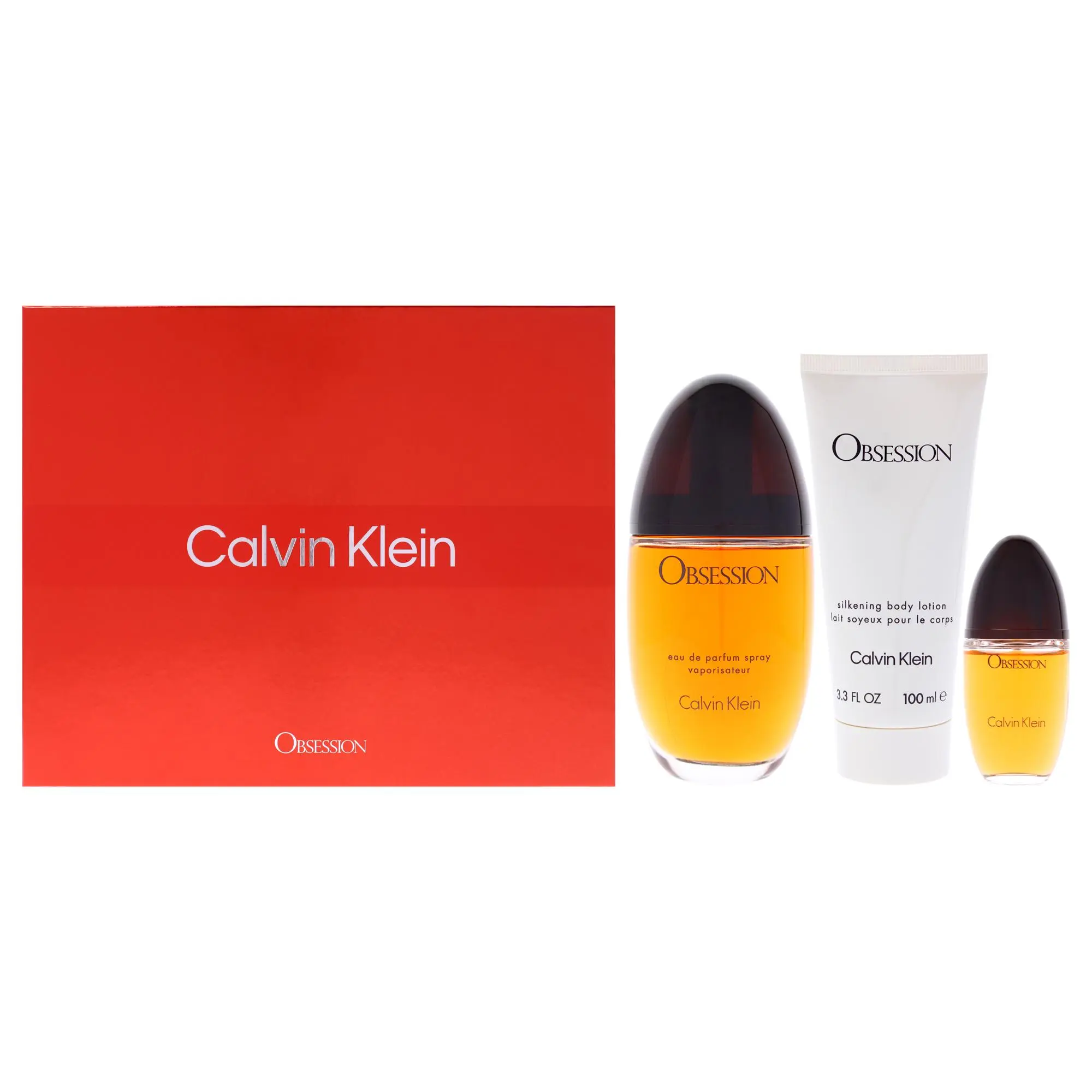 Women's Obsession Fragrance by Calvin Klein - 3-Piece Spray & Lotion Gift Set (3.4oz EDP Spray, 0.5oz EDP Mini, 3.3oz Body Lotion)