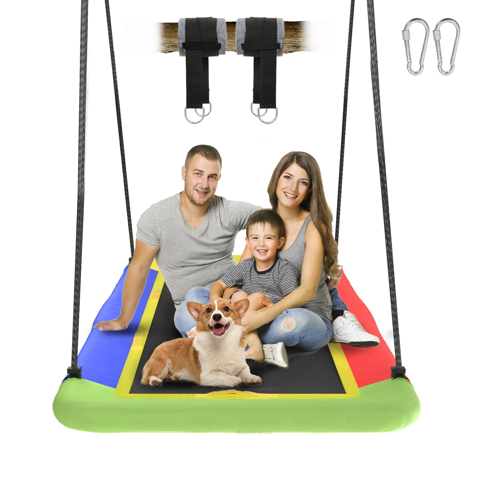 60 Inch Rectangle Platform Tree Swing for Kids and Adults, Giant Flying Swing Seat with Adjustable Heavy Duty Hanging Straps, Waterproof UV & Tear Resistant Textilene Fabric Outdoor Swing Set for Backyard Garden Lawn Patio