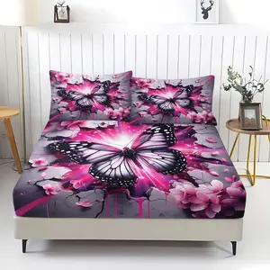 3Pcs Vibrant Butterfly Fitted Sheet Set, Striking Black Wings with Iridescent Purple and Pink, Surreal Cracked Background Design Bedding Set, Ideal for a Magical Bedroom Makeover and Cozy Nights,Includes 2 pillowcases (pillow inserts not included).