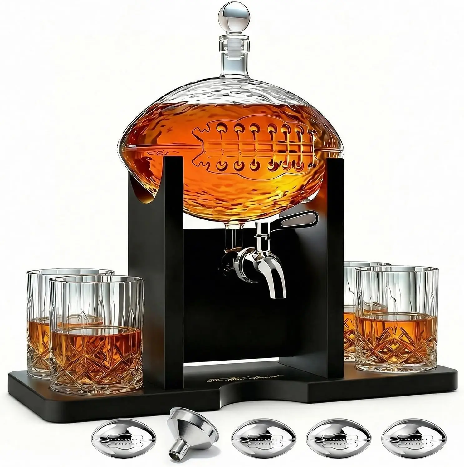 The Wine Savant Football Gifts for Men Dad - Decanter with Mahogany Holder Field Goal Holder with 4 Glasses & Footballs Chillers
