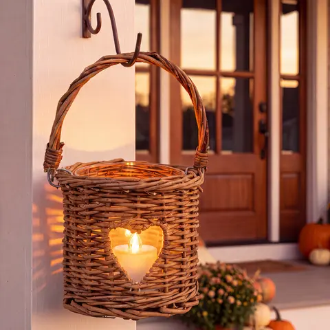 NONAM Handwoven Rattan Lantern Candle Holder with LED Flameless Candle & 2 Batteries Included, Cordless Tabletop & Wall Hanging Lantern, Rustic Farmhouse Boho Decor, Bedroom, Cozy Evening, Dining Table, Indoor Outdoor, Nightstand, Patio, Table Centerpiece