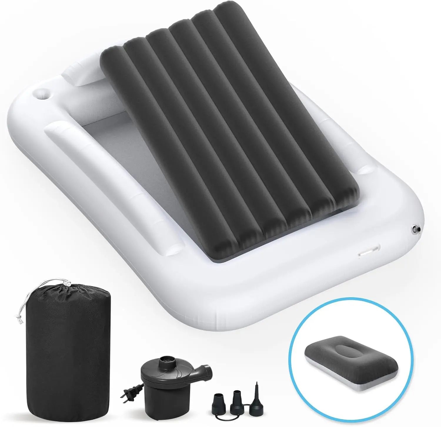 Inflatable Toddler Travel Bed with Safety Bumpers, Portable Kids Air Mattress, 60 Inch Foldable Travel Bed, Includes Electric Pump & Carry Bag, Lightweight Sleeping Bed for Toddlers, Grey