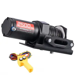 Electric Winch, 12V DC ATV/UTV Winch Synthetic Rope & Wired Remote Control, IP55 Waterproof, Aluminum Housing Fairlead Mount Plate for Towing ATV, Black