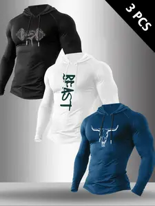 Men's Classic 3-Piece Set Letter Dumbbell Bull Head Print Hooded Long Sleeve T-Shirt, Casual Versatile Top Gym Workout Shirt for Fall & Winter Gym Wear