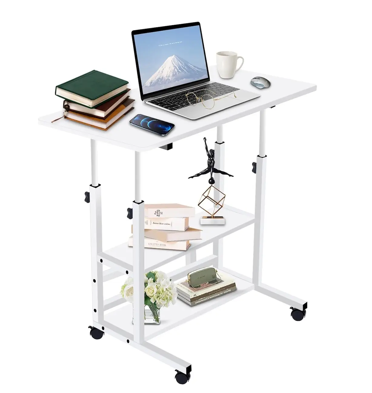 Portable Height-Adjustable Computer Desk with Wheels, Mobile Rolling Laptop Table with Storage Shelf for Home Office - Utility Rack Home Organizer (Black/White)