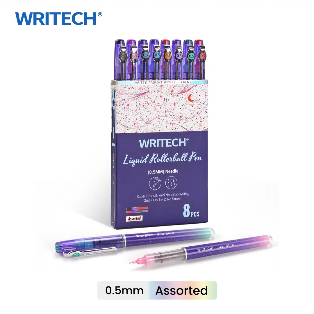 WRITECH Liquid Ink Rollerball Pens 8ct Assorted Colors 0.5mm Tip for Smooth Writing, Coloring, Drawing, and Journaling