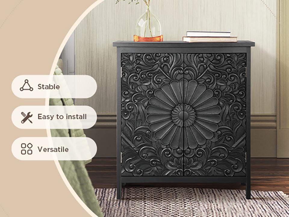 [New Year] PHI VILLA Black Accent Cabinet with 2 Carved Pattern Doors, Solid Wood Frame & Legs for Entryway and Living Room Furniture Design Interior Storage, Christmas Gift
