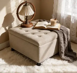 Tufted Square Storage Ottoman with Nailhead Trim | Upholstered Footstool & Coffee Table with Hidden Compartment