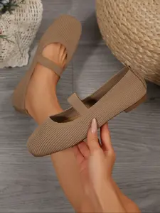 Women's New Square Toe Knit Mary Jane Flats Walking Shoes, Plain Color, Elastic Back Strap, Slip-On Comfort, Casual All Season Footwear