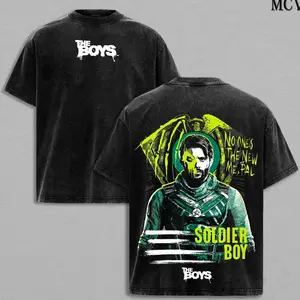 Unisex Oversized Soldier Boy Washed Short-Sleeve Seamless Round Neck T-Shirt - The Boys Dark Superhero Anti-Hero Double Printed Classic Heavy Cotton Menswear Streetwear Vintage Retro Rib Top Apparel