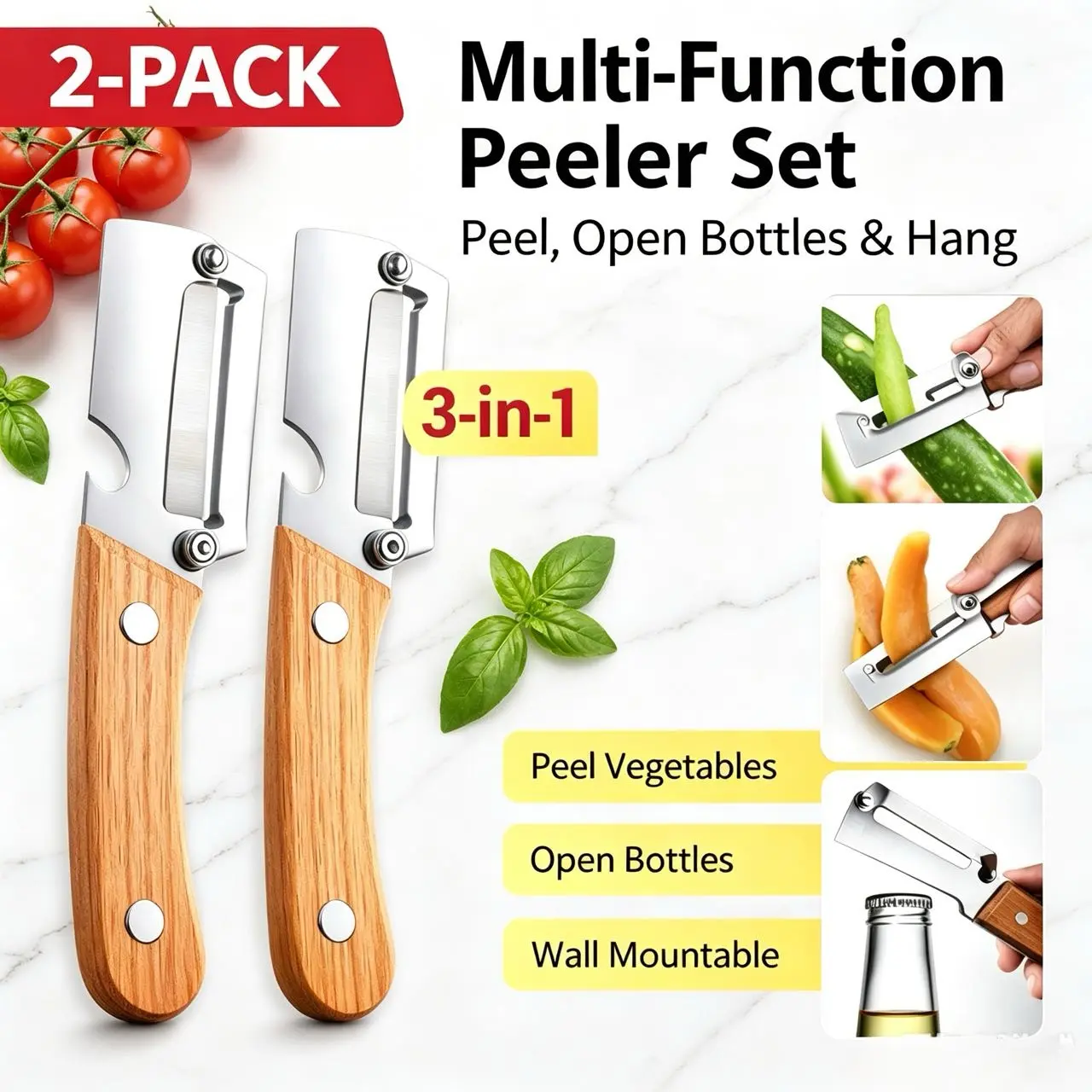 2pcs Stainless Steel Vegetable Fruit Peeler Set with Wooden Handle - Kitchen Utensils, Ultra-Sharp Thick Rustproof Blade, Built-in Bottle Opener, Carrot Peeler, Stainless Steel Cutter for Potatoes, Apples, Pumpkins