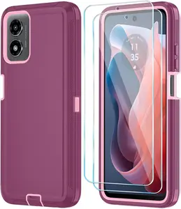 Moto G Play 2024 4G Case with HD Screen Protector, Heavy Duty Shockproof & Dropproof 3-Layer Cover Phone Case for Moto G Play 2024 (WineRed Pink)