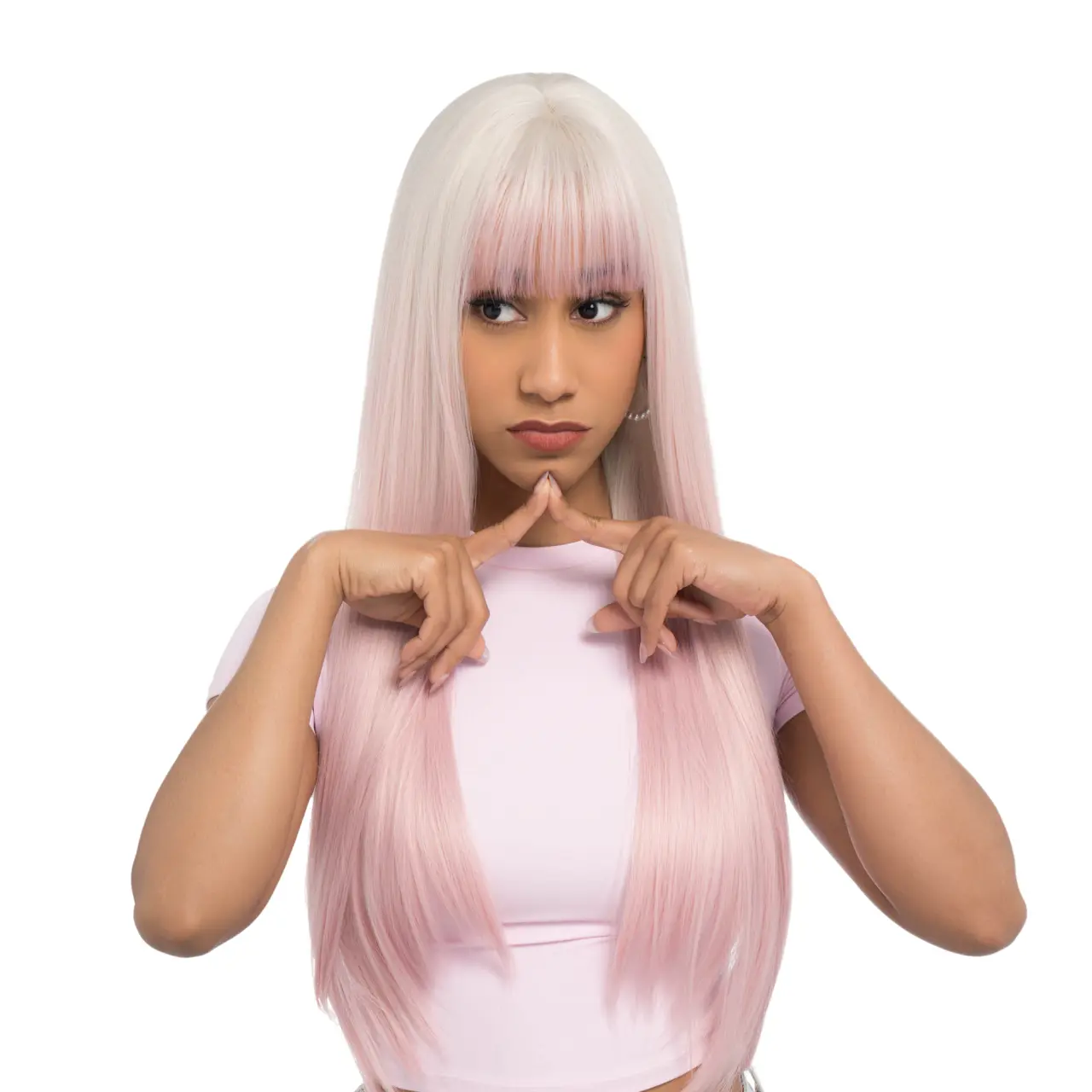 22-Inch Off-White Blonde Reverse Ombré (No Root Color, Light Pastel Pink Ends) Straight Synthetic Wig | 【Heat Resistant】【Cap Included】 | 52FSGB