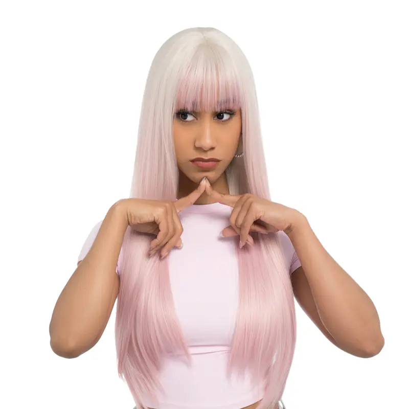 25-Inch Off-White Blonde Reverse Ombré (No Root Color, Light Pastel Pink Ends) Straight Synthetic Wig | 【Heat Resistant】 【Cap Included】 | #52FSGBPM