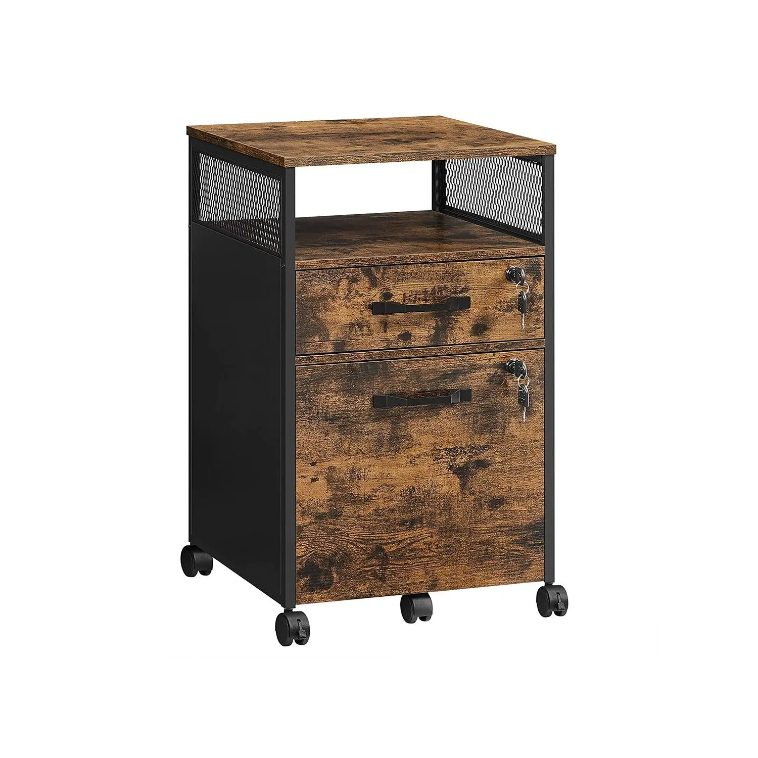VASAGLE File Cabinet, Mobile Filing Cabinet on Wheels, for Home Office, 2 Lockable Drawers, for A4, Letter-Size Hanging File Folders, Open Shelf, Steel Frame