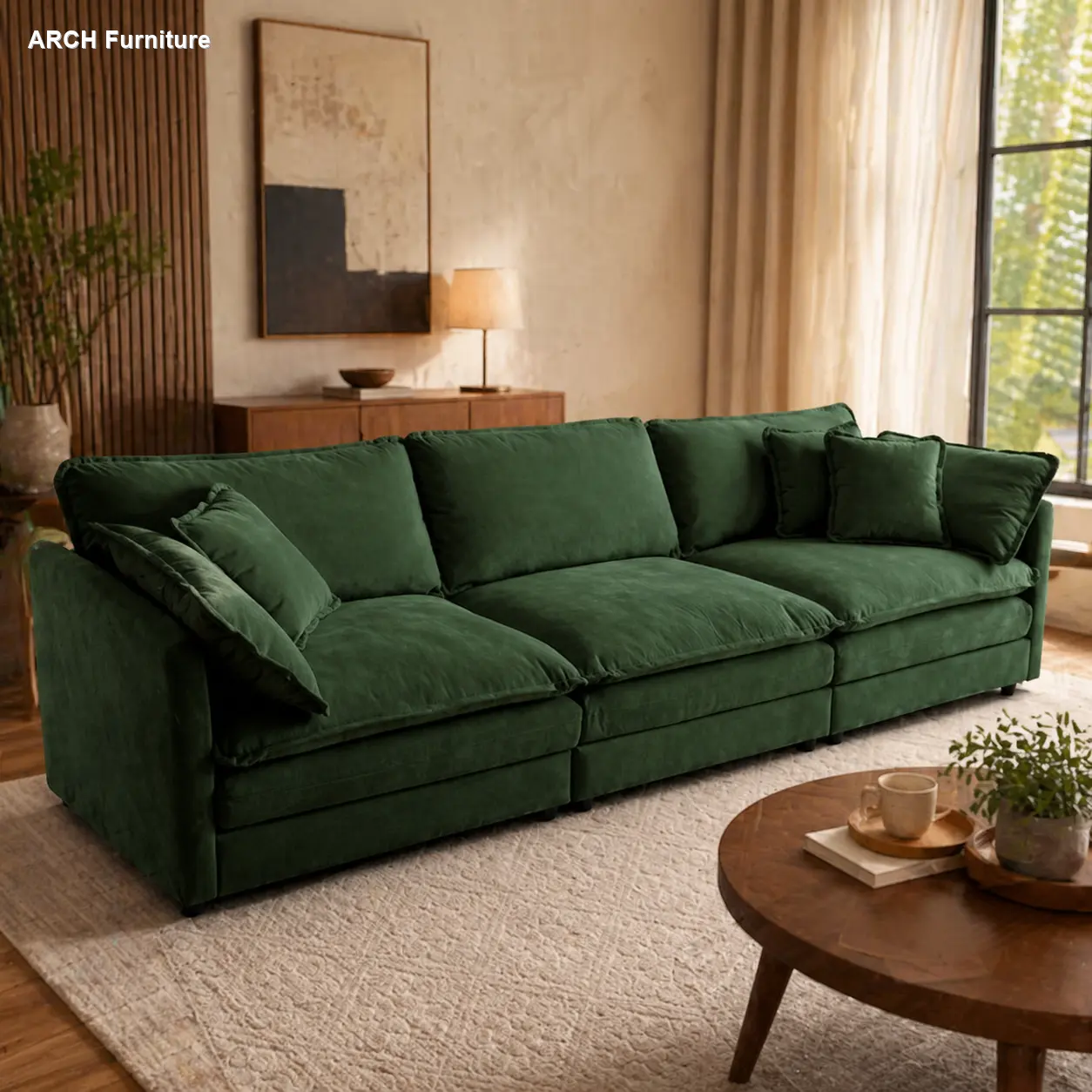 Mid-Century Modern 3-Seat Sectional Couch, ARCH Chenille Modular Sectional Sofa with 2 Armrest Pillows and 3 Toss Pillows, Green Indoor Living Room Furniture, Modular Sectional Couch