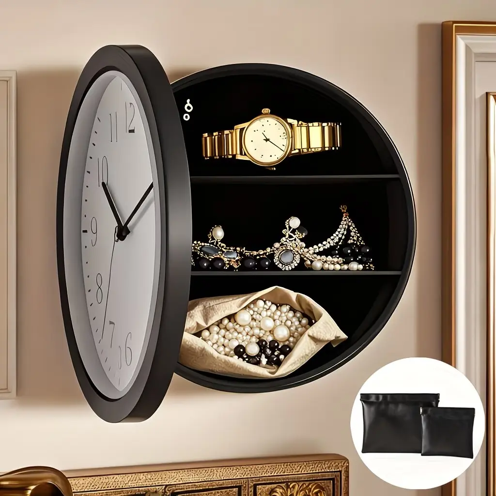 Wall-clock-style safe: a home decor piece that doubles as a storage box for valuables (a discreet, hidden safe), includes 2 leather jewelry pouches.
