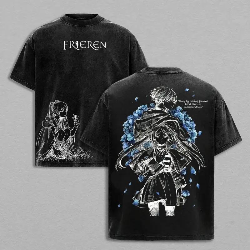 Menswear Frieren x Himmel Vintage Washed Heavy Cotton Oversized Round Neck Shortsleeve Graphic T-Shirt, Double Printed Retro Unisex Streetwear Top, Frieren: Beyond Journey’s End Fantasy Theme Tee