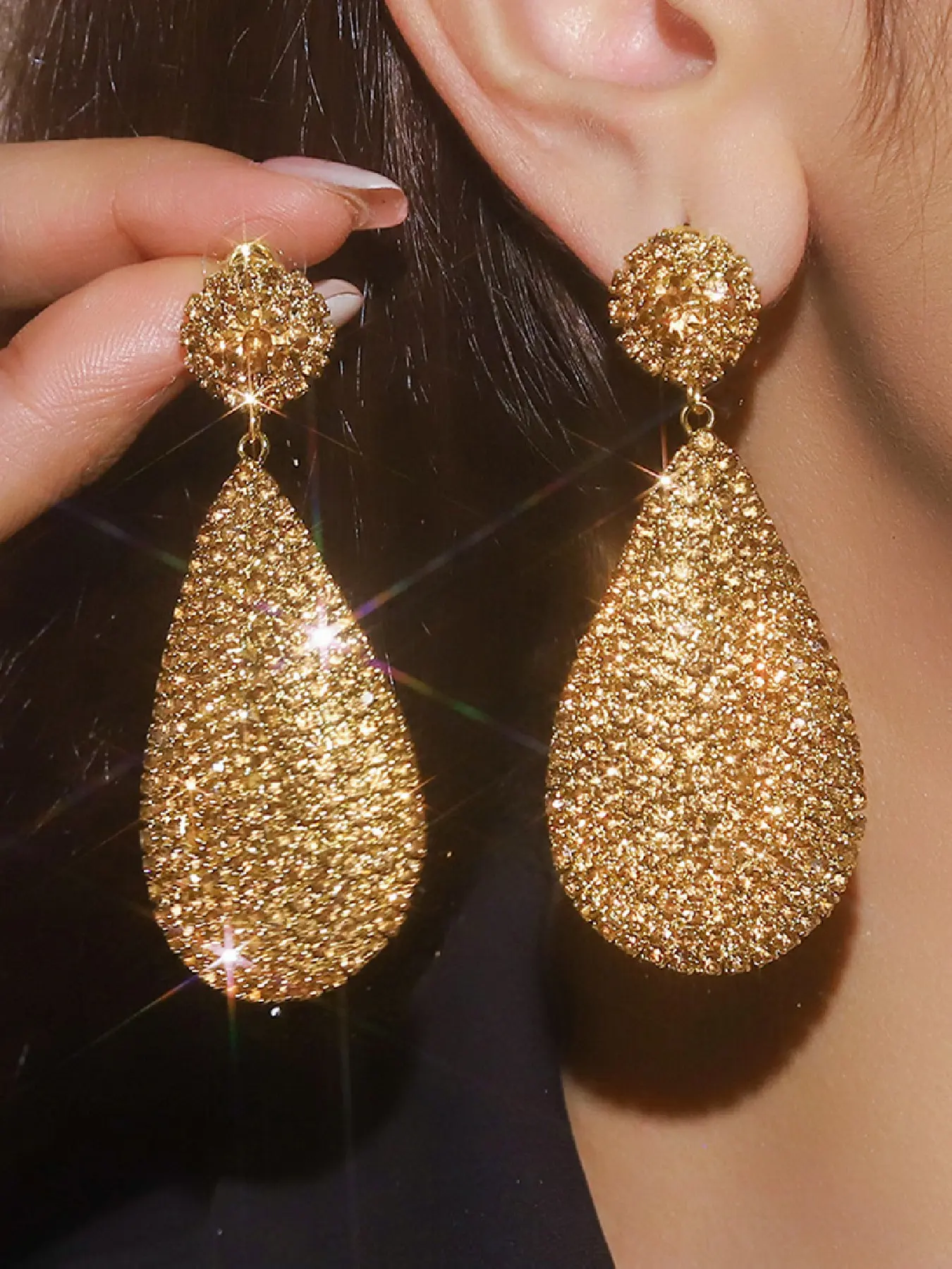Luxurious Champagne Color Rhinestone Teardrop Crystal Earrings, Shining Statement Earrings, Women's Wedding Festival Jewelry, Elegant Party Style, All Seasons Wear, Unique Design Earrings