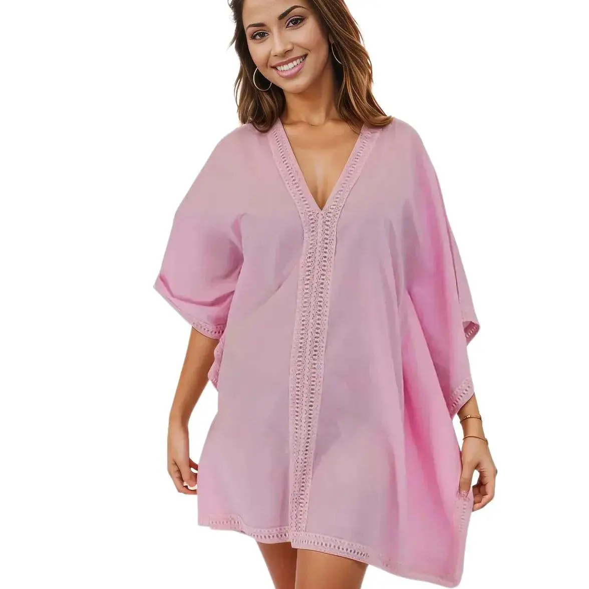 Tenku Design Hand-Painted Boho Kaftan with Lace - 100% Cotton, Loose-Fitting Silhouette, Casual Style, One Size Fits XS to L - Comfort