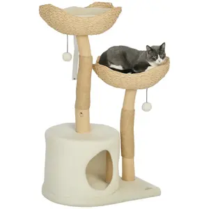 PawHut Cat Tree, 37" Cat Tower for Indoor Cats, Modern Cat Tree with Wooden Scratching Posts, Cat Condo, Cat Beds, Toy Balls, Washable Cushions, Anti-Tip Kit, Tree for Kittens & Adult Cats