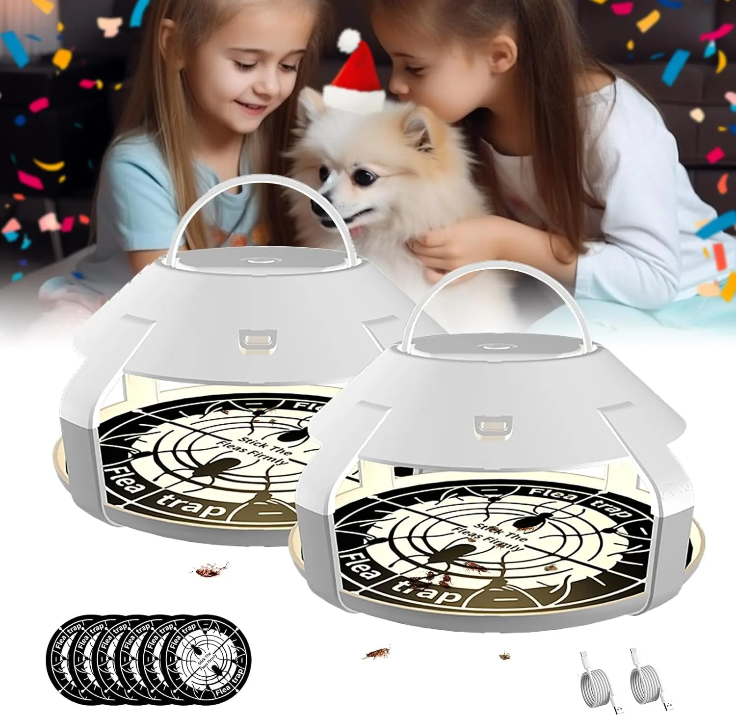 Solid Indoor Flea Trap (2-Pack) - USB-Rechargeable Light-Based Pest Control Trap, 8 Glue Boards, 4 Replacement Bulbs; Catches Fleas, Moths, Gnats for Kitchens, Living Rooms (includes bulbs)