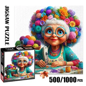 1pc 1000 piece adult puzzle 58x58cm Colorful Yarns, Sewing Machine and Quirky - Looking Grandma Figure500 pieces of paper puzzle, suitable for adults and families, large-scale DIY puzzle interactiv