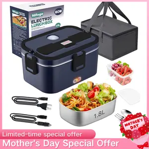 Nifogo Electric Lunch Box 80W High Power 1.8L Food Grade Stainless Steel Portable Heated Display Screen 12V 24V 110V Multi Voltage Square Shape Black for Car Truck Work School Picnic Camping