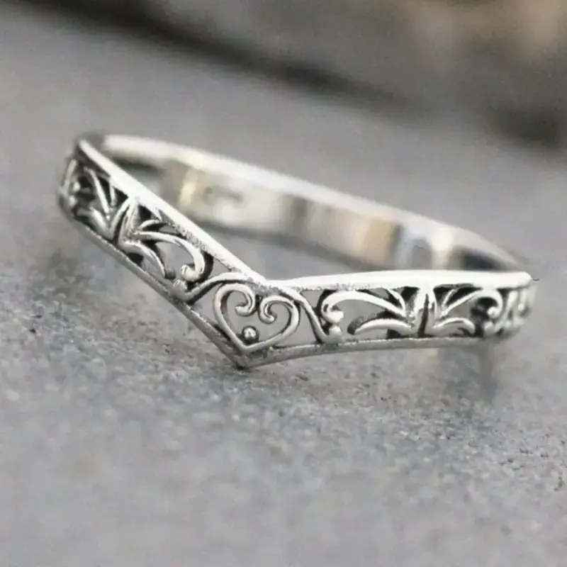 Antique Silver Distressed Hollowed-Out Love Ring - Vintage, Alternative Artistic Rings, Asymmetric Fashion Costume Jewelry Accessory, Vintage Rings