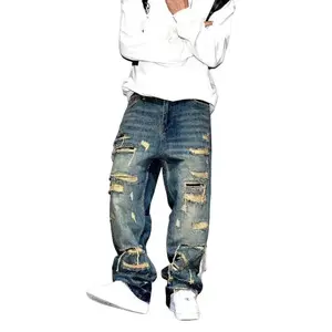 BM Mens Ripped Baggy Jeans Distressed Denim Streetwear Skateboard Pants Straight Leg Patchwork Oversized Urban Fashion Workwear Asian