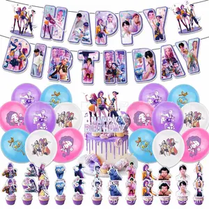 K-Pop Devil hunter themed birthday party decorations, banners, flags, cake and balloon set, suitable for movie fan merchandise and gifts.