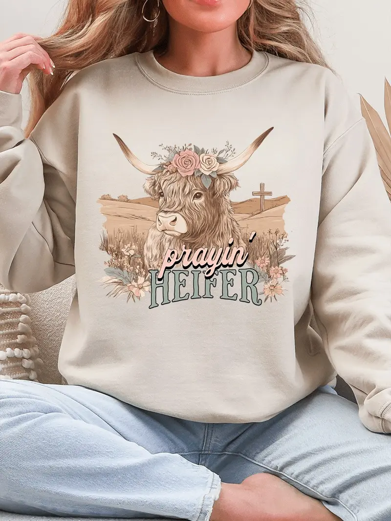 Prayin' Heifer Hanes Ecosmart Crewneck Sweatshirt