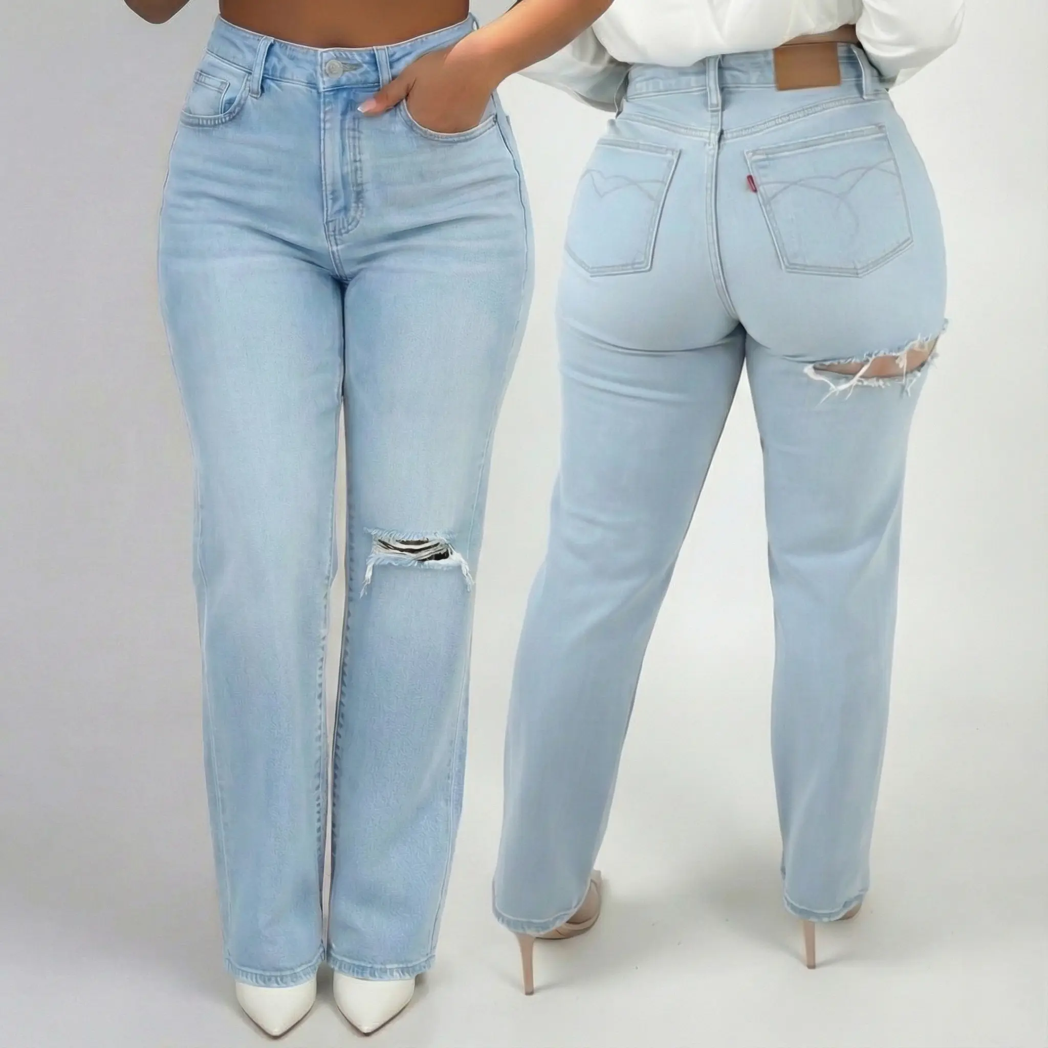 ChicCurve High-Waisted Light Blue Ripped Jeans for Women Stylish Denim Trousers with Distressed Details Casual Fashionable Bottom
