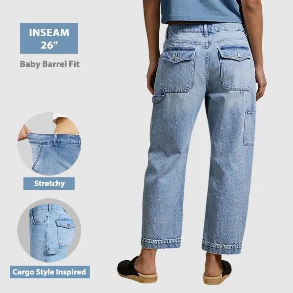 Flamingals Wash Flap Pocket Stitch Detail High Waist Barrel Leg Carpenter Crop Jeans