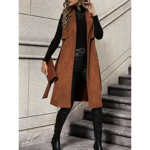 Elegant polyester trench vest with belt—lapel collar, knit fabric, solid color, belted waist detail; 95% polyester/5% elastane. Versatile for all seasons; women’s basic top that fits like an angel.