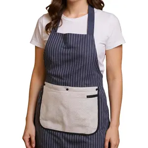 Kitchen Apron with Towel Attached, Blue Striped Apron for Women with Pockets and Light Splash Resistance for Cooking and Cleaning