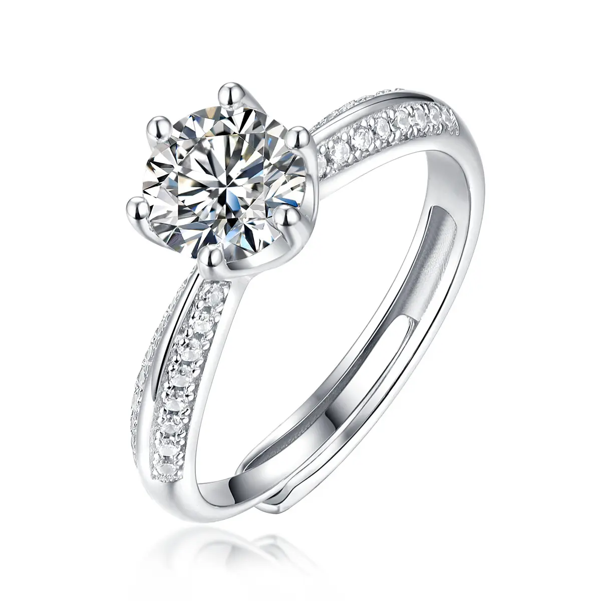 S925 Moissanite 6 Prong Solitaire Ring, 1CT/2CT/3CT Paved Side Stone Adjustable Wedding Engagement Band for Women