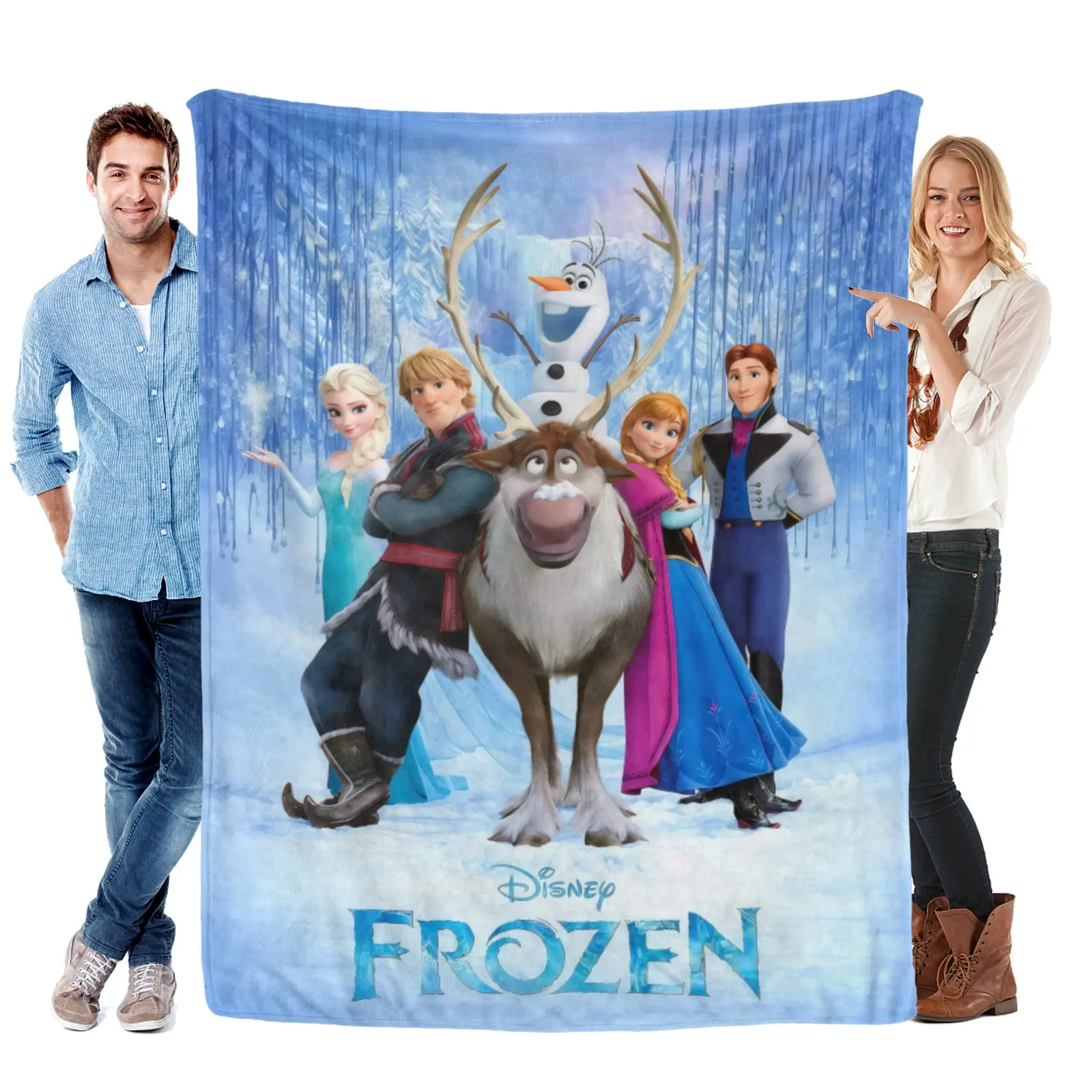 [Summervibes] Disney Frozen Movie Cast Ice Background Blanket, Soft Flannel, Disney Animated Throw Blanket For Lounge Couch