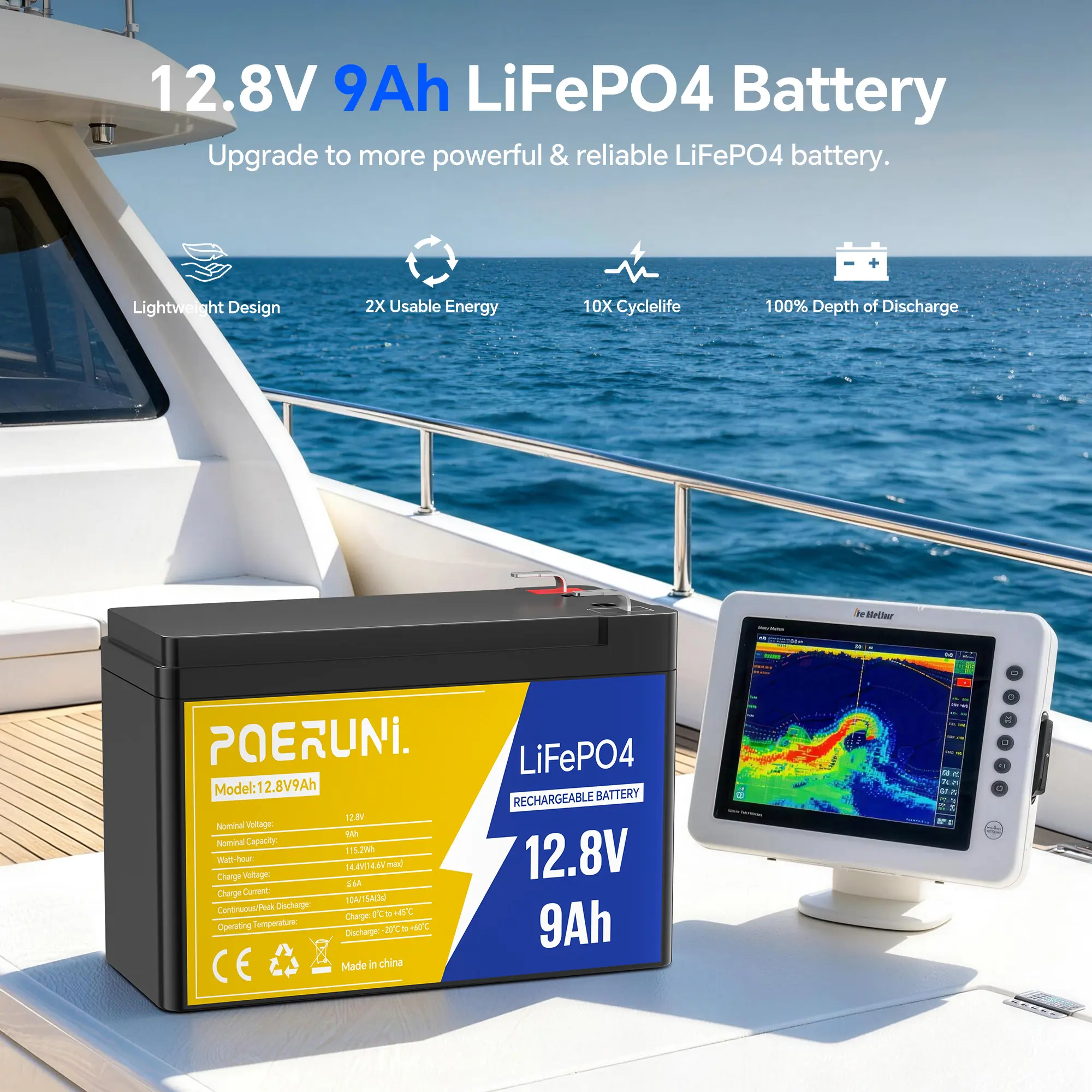 12V 9Ah Lithium Battery, POERUNI. Deep Cycles Rechargeable Lifepo4 Battery 4000+ Cycles 15A BMS Replacement for Alarm System, Fish Finder, Lighting, UPS, Ride-On Toys