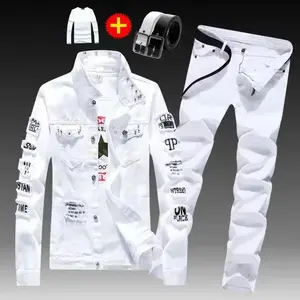 Spring Autumn Mens Denim Jacket + Jeans Pants Set Fashion Single Breasted Coat Trousers Two Piece Denim suit