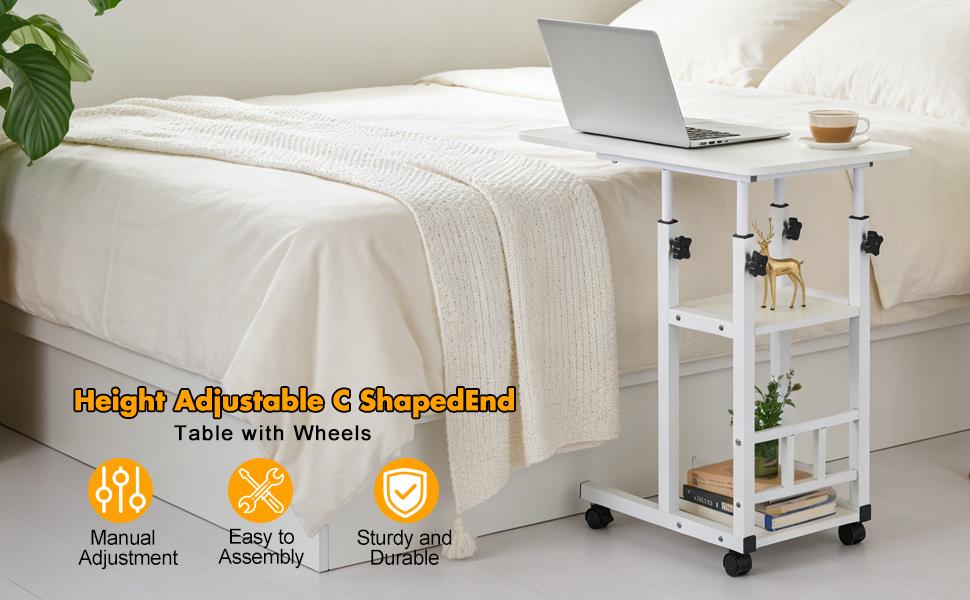Mobile Rolling Side Table with Wheels, Adjustable Height Rolling Desk, C-Shaped Portable Desk on Wheels, End Table for Couch, 3-Tier Desk with Storage Shelves