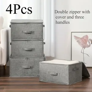 4pcs Extra Large Foldable Cationic Storage Box Waterproof Bed Sheet Organizer Dual Zippers 3 Handles Multi functional for Wardrobe Bedroom Kitchen Books Organization