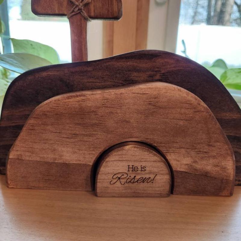 Empty Tomb Display Easter Decor, Christian Resurrection Scene Creche Decoration, He Is Risen Jesus Tomb Ornament for Farmhouse, Tiered Tray and Fireplace